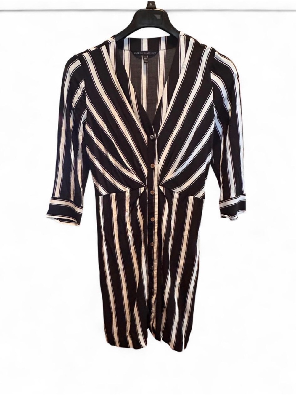 Whits House Black Market Striped Shirt Dress Black White V Neck 3/4 Sleeve Sz S